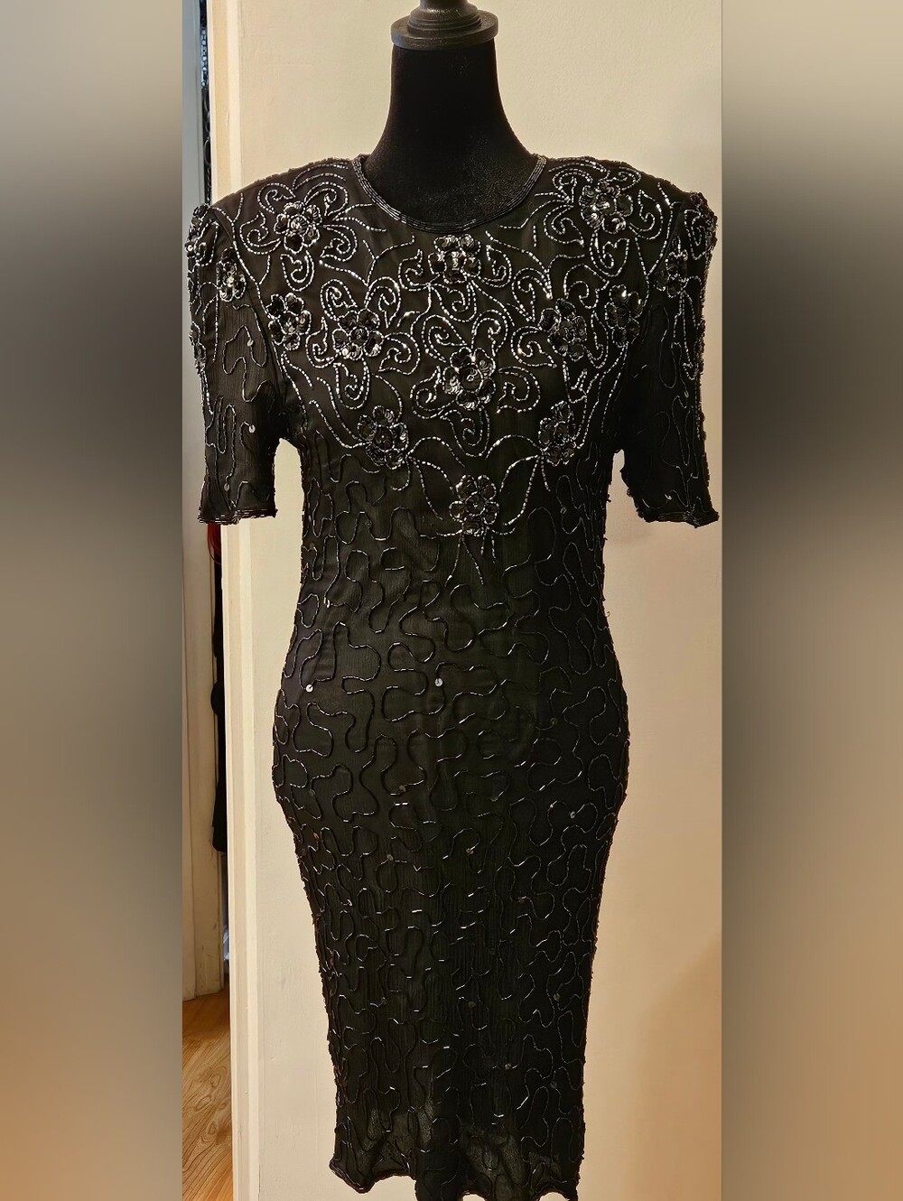 Vintage JMC 100% Silk Beaded Dress Black Sequined Cocktail Midi Size S Keyhole